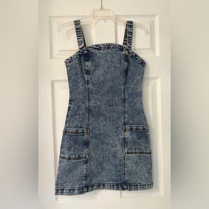 Denim Midi Dress with Pockets - Blue